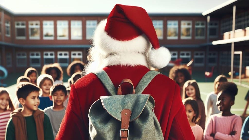 un père Noël qui se rend à l'école avec son cartable